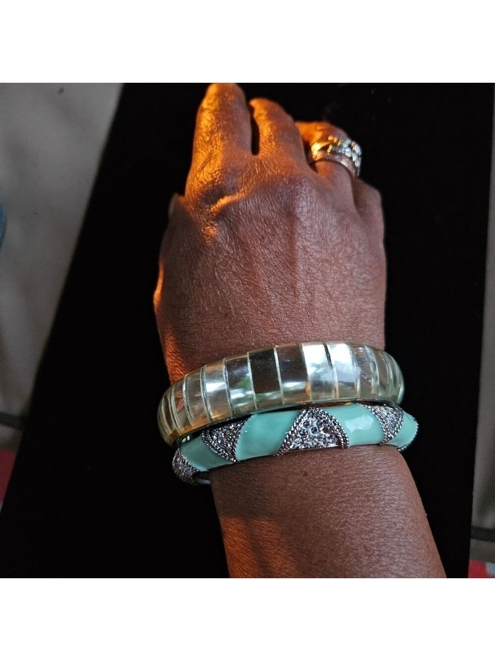 Vintage Blue Enamel & Rhinestones plus Mirrored Tile Bangle Bracelets